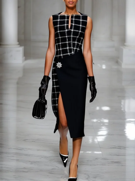Black Slit Metal Tweed Crew Neck Sleeveless Sheath Midi Dress