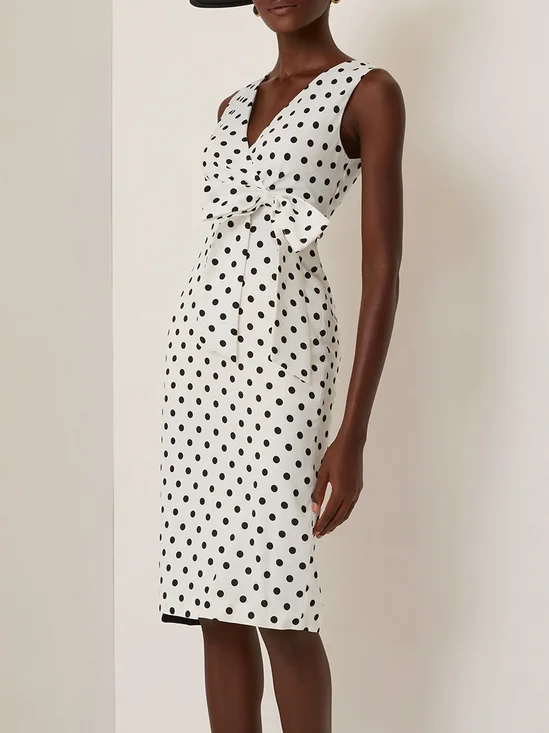 White Bow Printing Classic V Neck Sleeveless Sheath Midi Dress