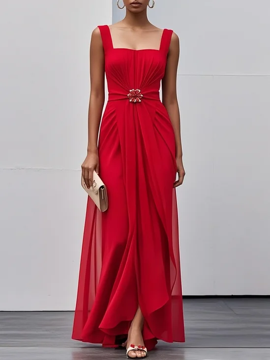 Red Buckle Ruched Chiffon Square Neck Sleeveless A-Line Maxi Dress