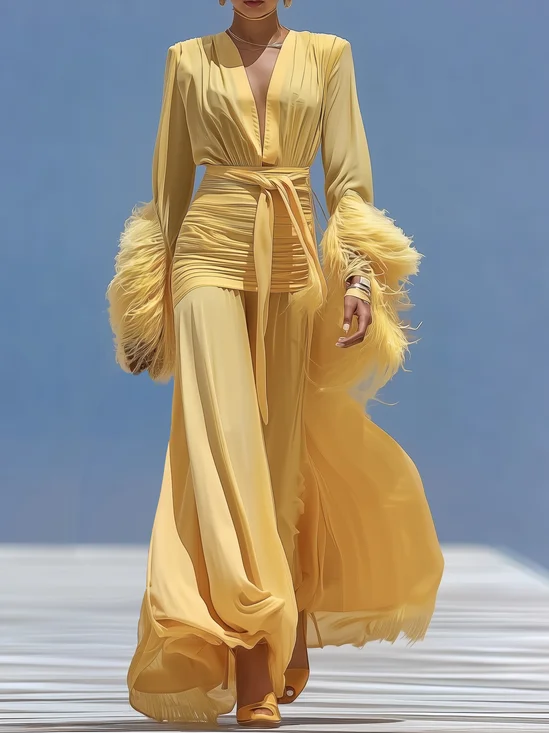 Yellow Ruched Tassel Chiffon V Neck Long Sleeve A-Line Maxi Dress