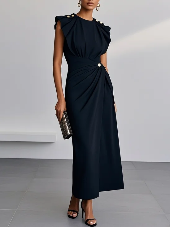 Black Buckle Ruched Cotton Crew Neck Cap Sleeve Sheath Midi Dress