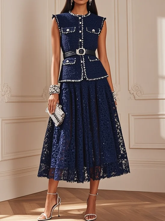 Women Tweed Purplish blue Piping Lace Crew Neck Sleeveless Dressy Coat With Skirt  Two-Piece Set
