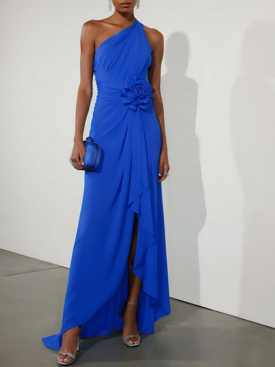 Blue 3D Floral Ruched Classic One Shoulder Sleeveless A-Line Midi Dress