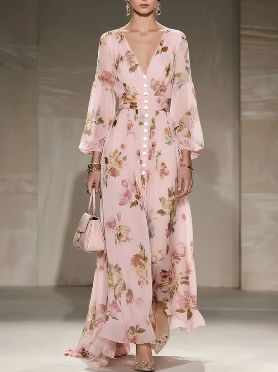 Pink Ruched Floral Chiffon V Neck Long Sleeve Balloon Sleeve A-Line Maxi Dress