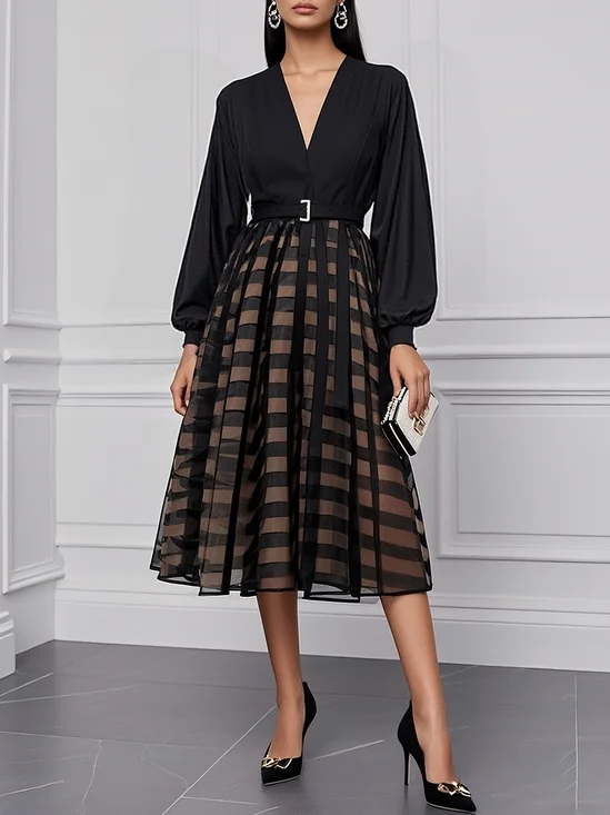Black Classic V Neck Long Sleeve Balloon Sleeve A-Line Midi Dress