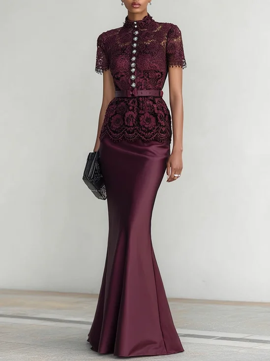 Wine Red Buckle Lace Classic Mock Neck Short Sleeve Mermaid Maxi Dress