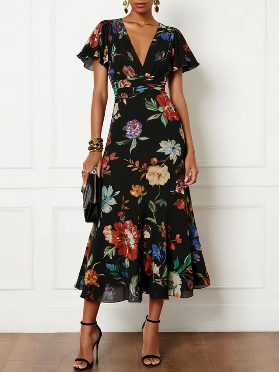 Black Floral Chiffon V Neck Short Sleeve Bell Sleeve A-Line Midi Dress