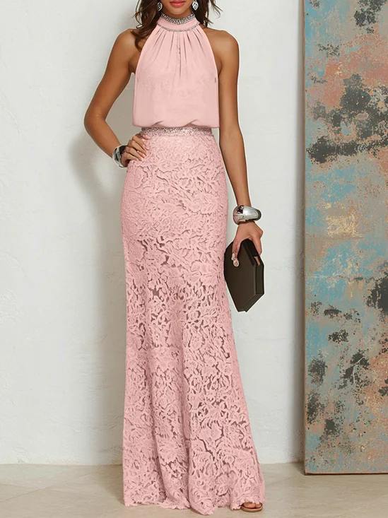Pink Rhinestone Ruched Lace Crew Neck Sleeveless Mermaid Maxi Dress