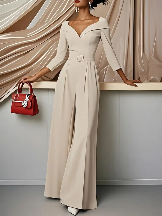 Women Beige Sweetheart Neckline Three Quarter Sleeve Dressy Jumpsuit