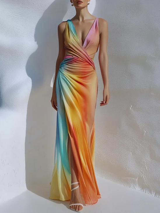 Orange Ruched Slit Classic V Neck Sleeveless A-Line Maxi Dress