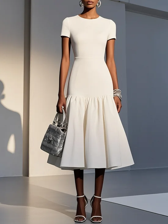 White Knit Crew Neck Short Sleeve Mermaid Midi Dress