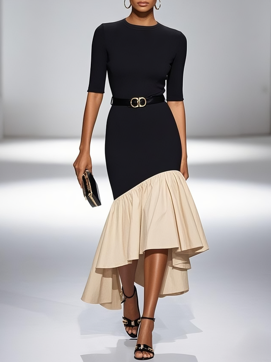 Black Split Joint Knit Crew Neck Half Sleeve Bell Sleeve Mermaid Midi Dress