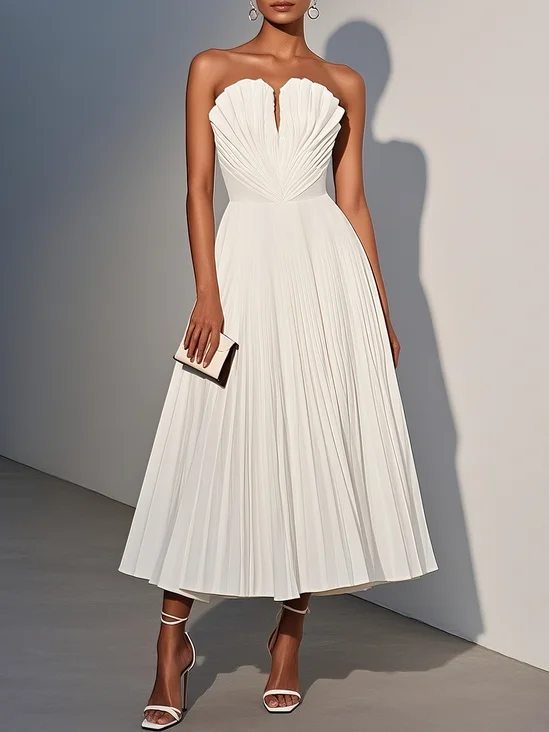 White Pleated Classic Strapless Sleeveless A-Line Midi Dress