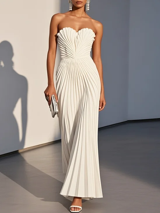 White Pleated Classic Strapless Sleeveless A-Line Maxi Dress
