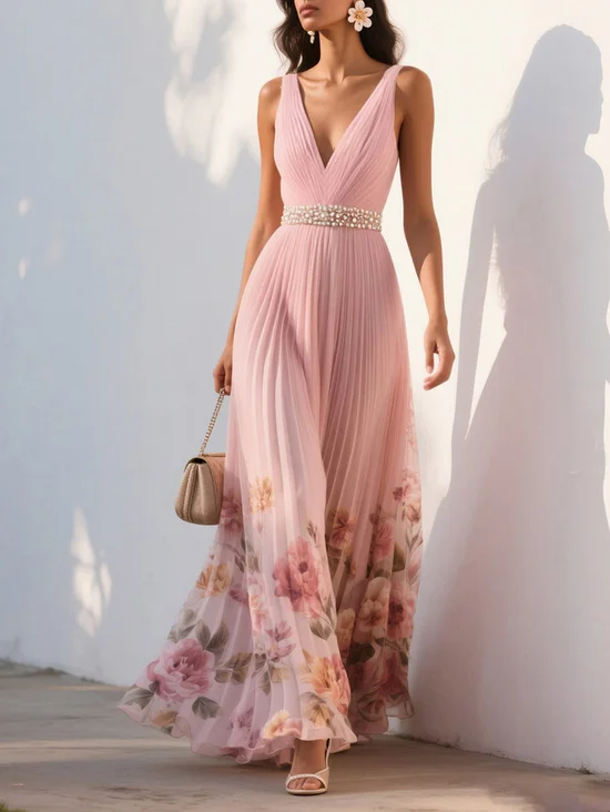 V-neck Sleeveless A-line Chiffon Pleated Dresses Marigold