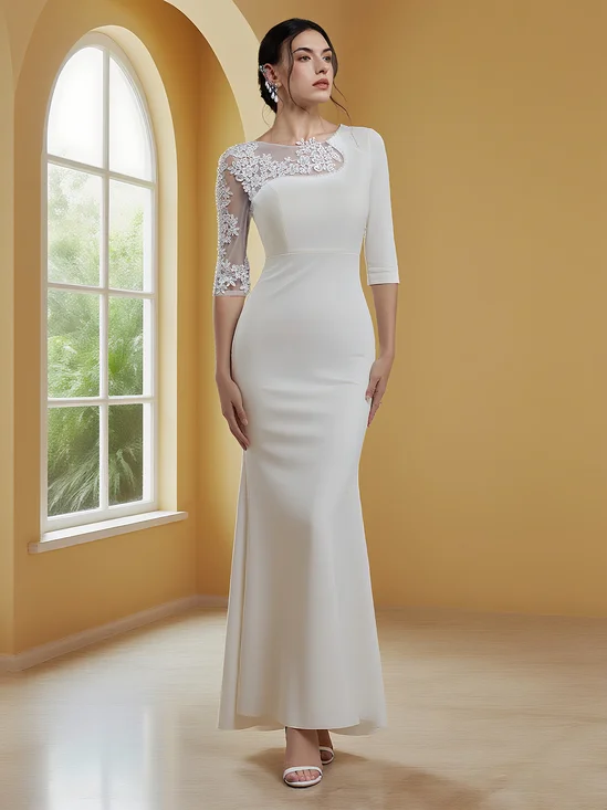 White Lace Hotfix Embellished Crew Neck Long Sleeve Mermaid Maxi Dress