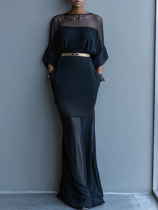 Black Split Joint Chiffon Boat Neck Half Sleeve Mermaid Maxi Dress