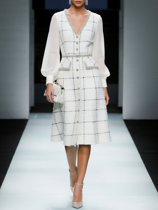 White Buckle Piping Tweed V Neck Long Sleeve Balloon Sleeve A-Line Midi Dress