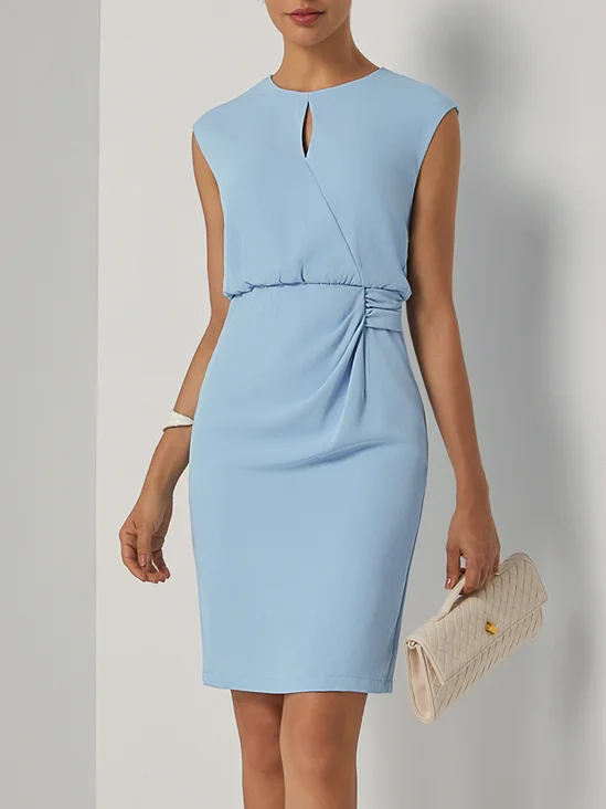 Light Blue Ruched Cut Out Classic Crew Neck Cap Sleeve Sheath Midi Dress