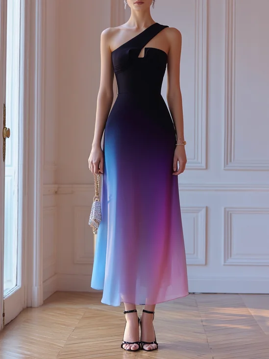 Purple Chiffon One Shoulder Sleeveless A-Line Maxi Dress