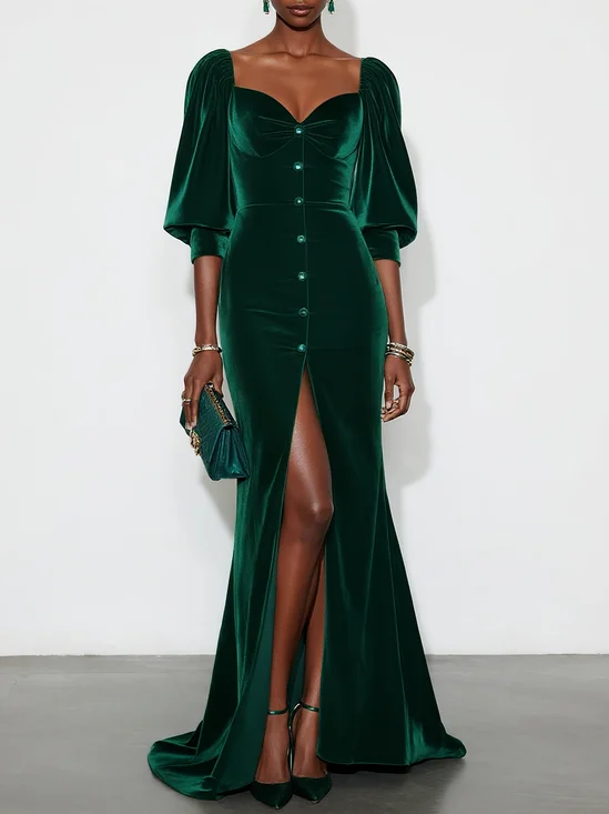 Green Buckle Slit Velvet Sweetheart Neckline Half Sleeve Balloon Sleeve Mermaid Gown Dress