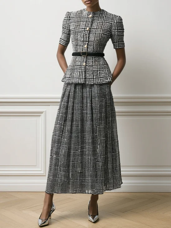 Women Gray Buckle Crew Neck Long Sleeve Dressy Coat With Skirt Two-Piece Set