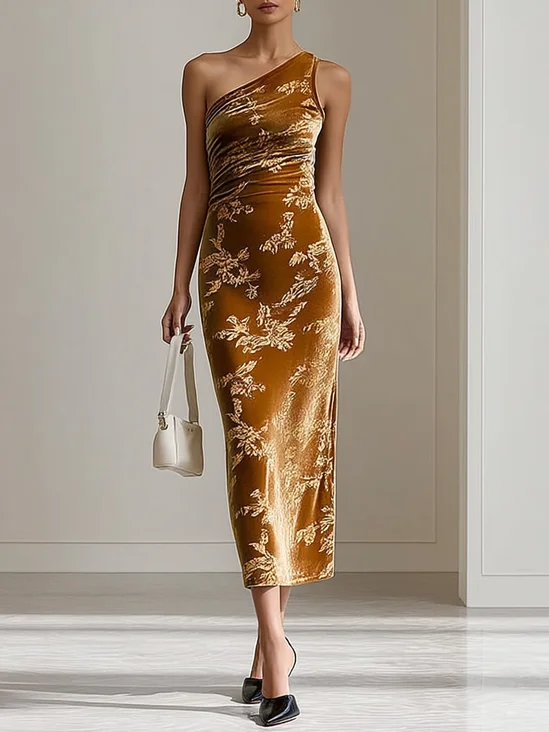 Golden Jacquard Velvet One Shoulder Sleeveless Sheath Midi Dress