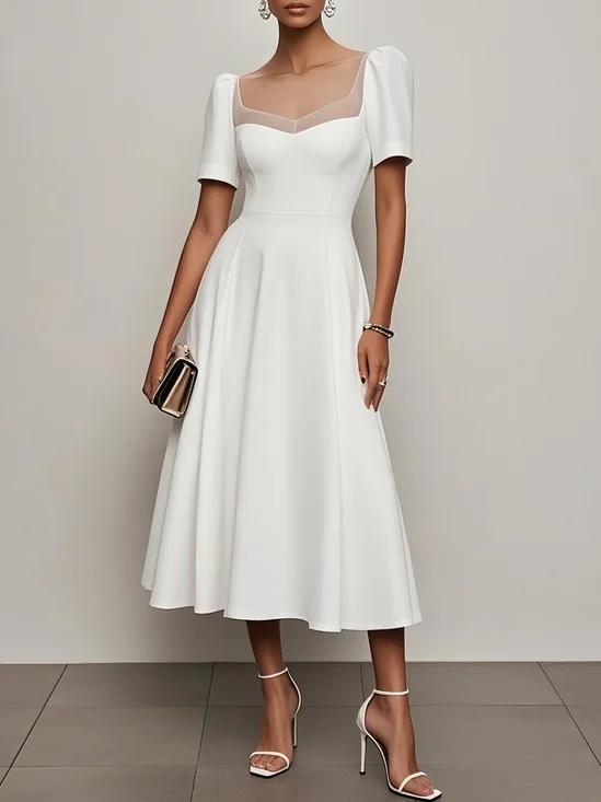White Mesh Classic Sweetheart Neckline Short Sleeve A-Line Midi Dress