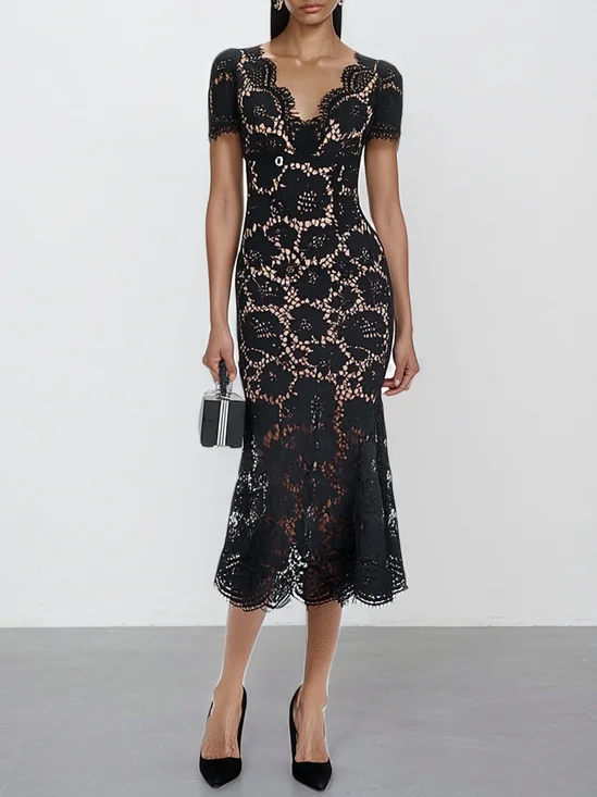 Black Lace Edge Lace V Neck Short Sleeve Mermaid Midi Dress