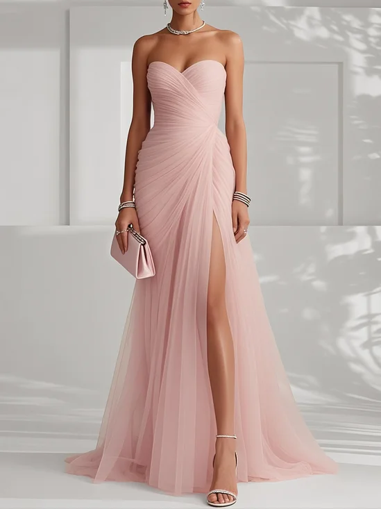 Pink Ruched Slit Tulle Strapless Sleeveless Sheath Gown Dress
