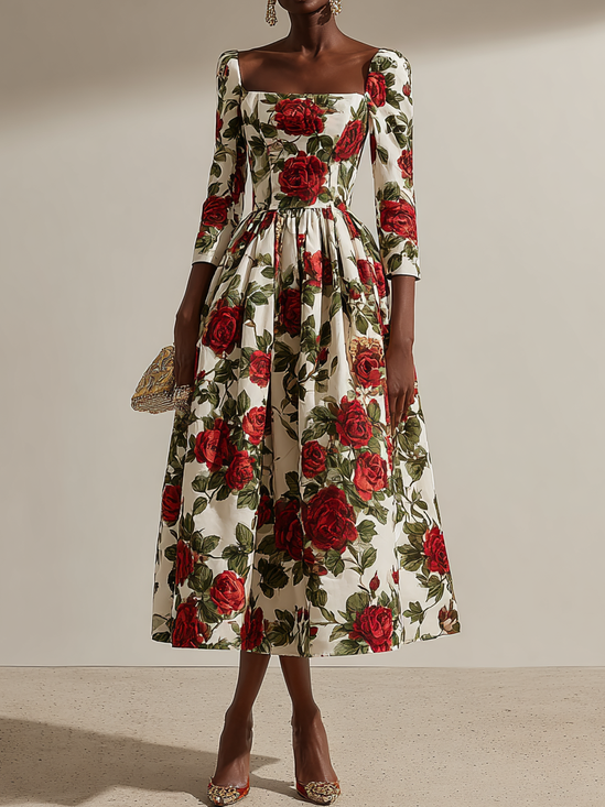 Red Floral Classic Square Neck Three Quarter Sleeve A-Line Midi Dress