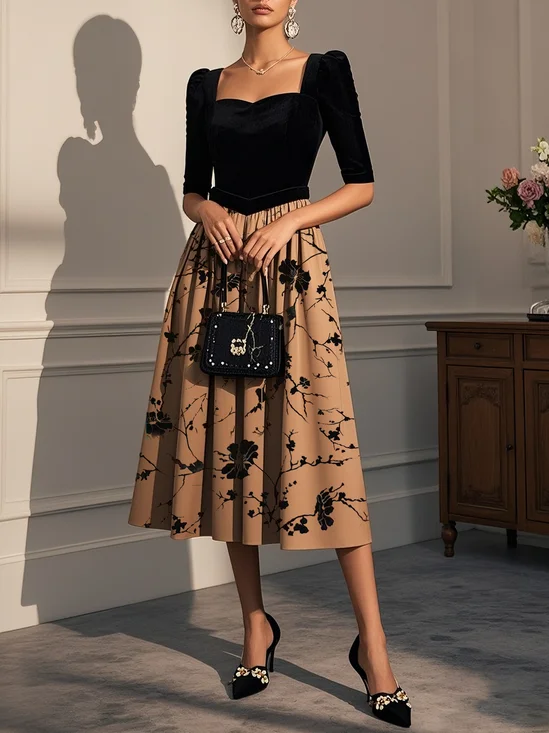 Khaki Floral Velvet Sweetheart Neckline Half Sleeve A-Line Midi Dress