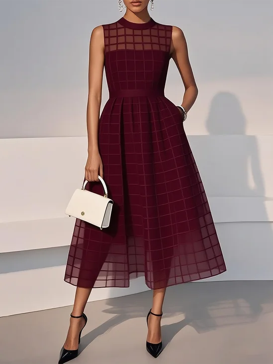 Wine Red Classic Crew Neck Sleeveless A-Line Midi Dress