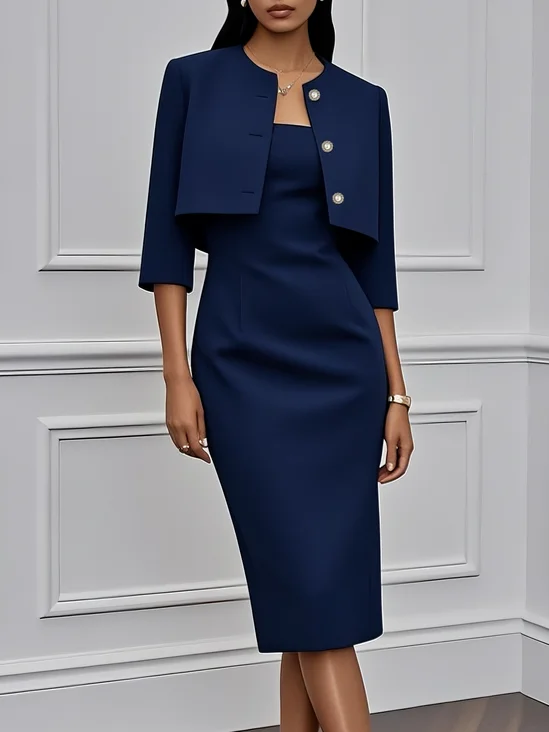 Women Navy Blue Buckle Crew Neck Three Quarter Sleeve Dressy Coat With Dress Two-Piece Dress