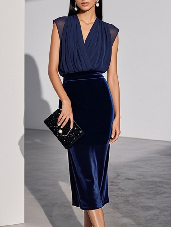 Blue Mesh Velvet V Neck Cap Sleeve Sheath Midi Dress