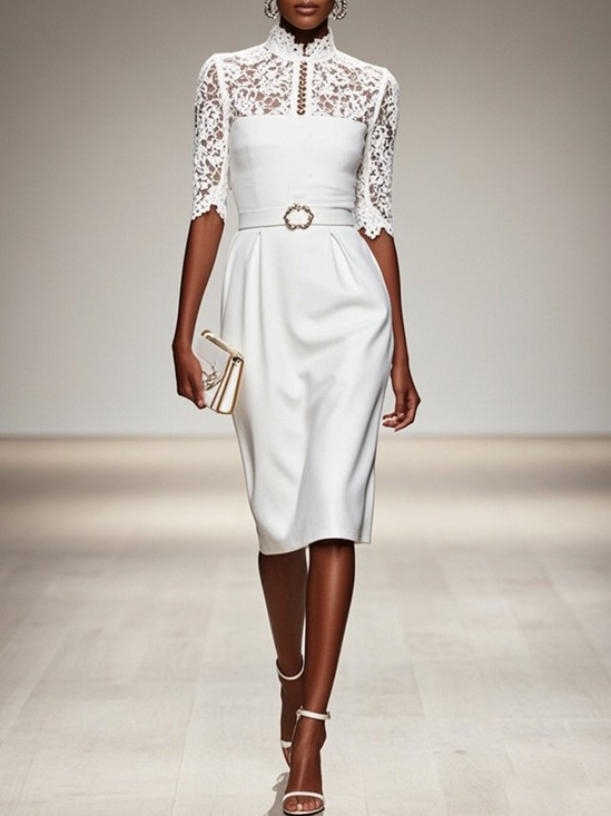 White Lace Classic Mock Neck Half Sleeve Sheath Midi Dress