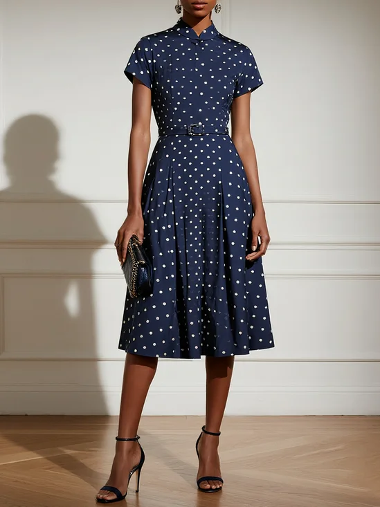 Navy Blue Polka Dots Classic Mock Neck Short Sleeve A-Line Midi Dress