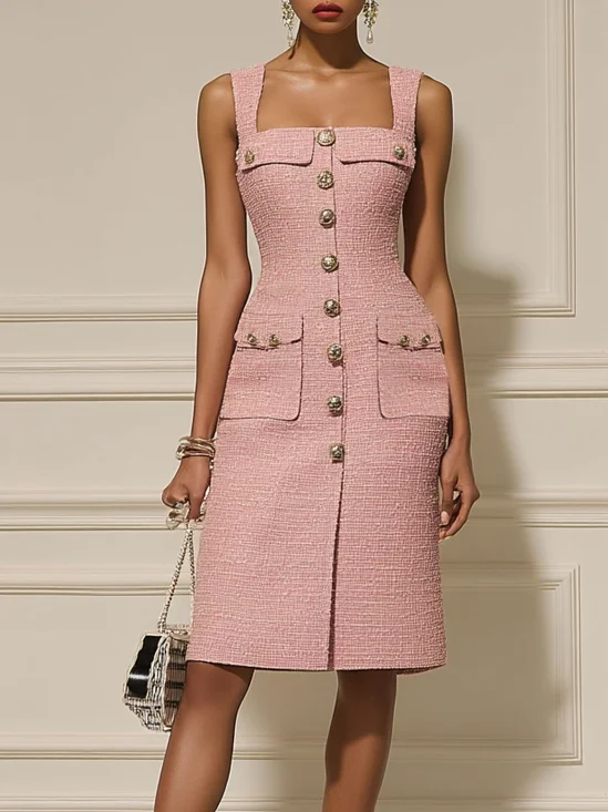 Pink Buckle Pocket Stitching Tweed Spaghetti Sleeveless Sheath Midi Dress