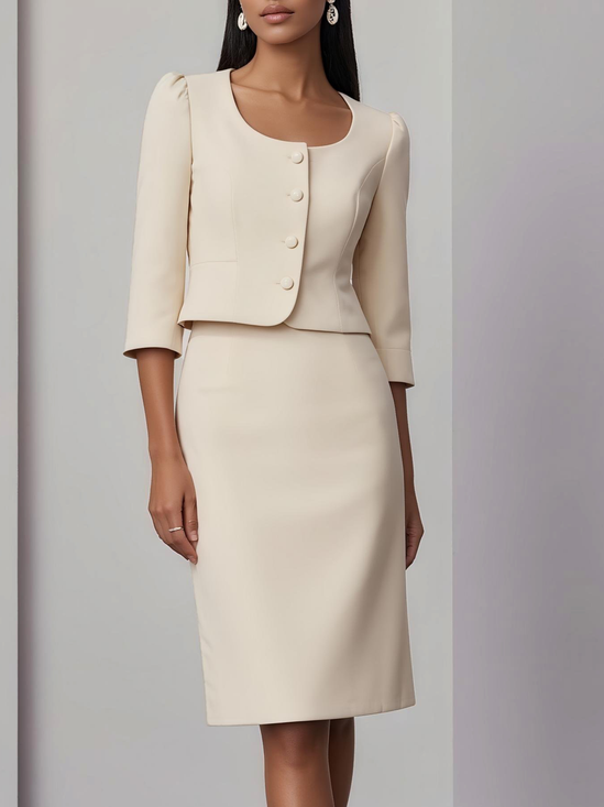 Women Beige Buckle U-Neck Half Sleeve Dressy Coat With Skirt Two-Piece Set