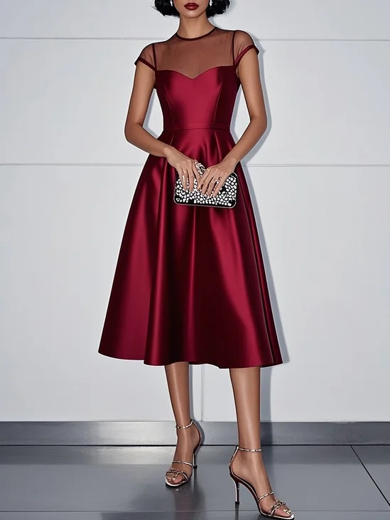 Wine Red Mesh Satin Crew Neck Short Sleeve A-Line Midi Dress