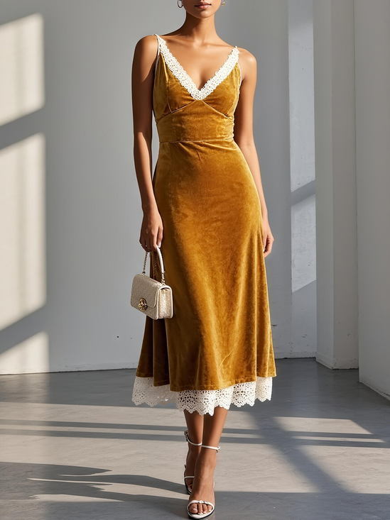 Yellow Lace Velvet V Neck Gallus A-Line Midi Dress