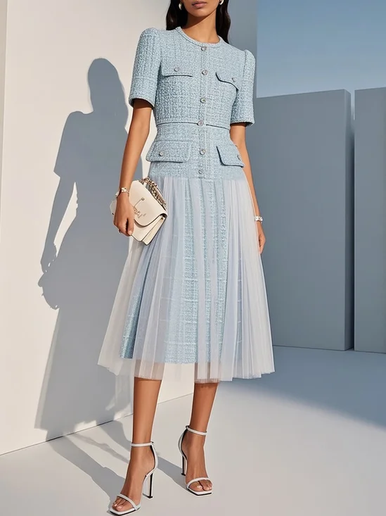 Light Blue Braided Strap Mesh Tweed Crew Neck Short Sleeve A-Line Midi Dress
