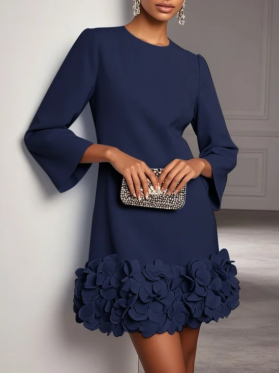 Purplish blue 3D Floral Classic Crew Neck Bell Long Sleeve Shift Mini Dress