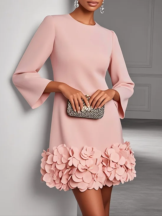 Pink 3D Floral Classic Crew Neck Bell Long Sleeve Shift Mini Dress