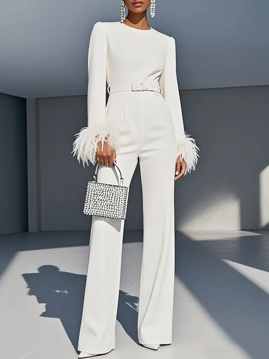 Women White Feather-trimmed Crew Neck Long Sleeve Dressy Jumpsuit
