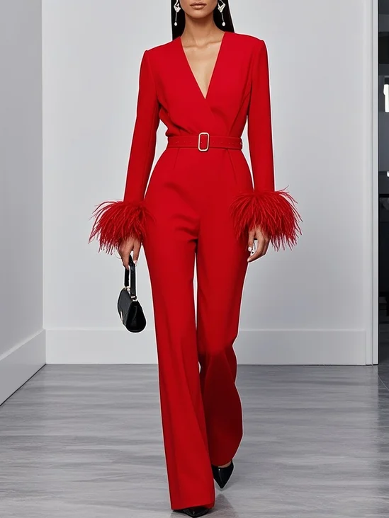 Women Red Feather-trimmed V Neck Long Sleeve Dressy Jumpsuit
