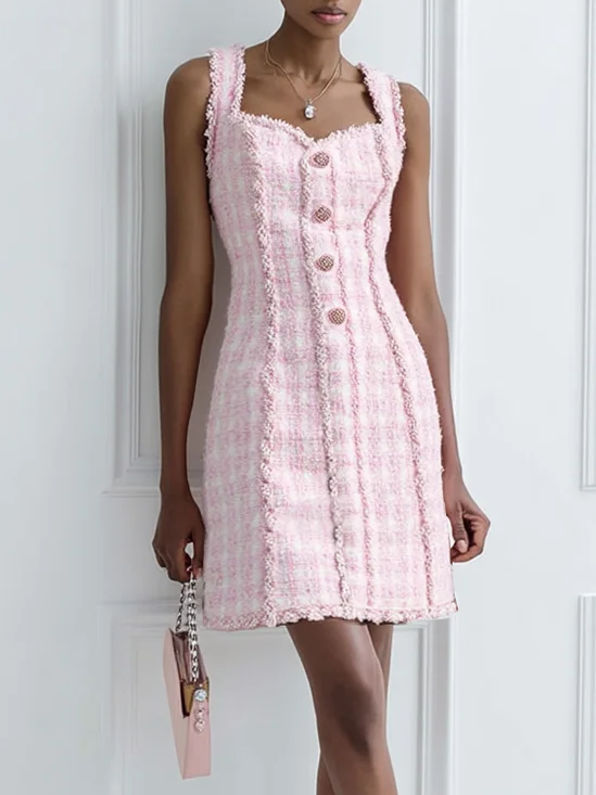 Pink Webbing Buckle Tweed Spaghetti Sleeveless A-Line Mini Dress