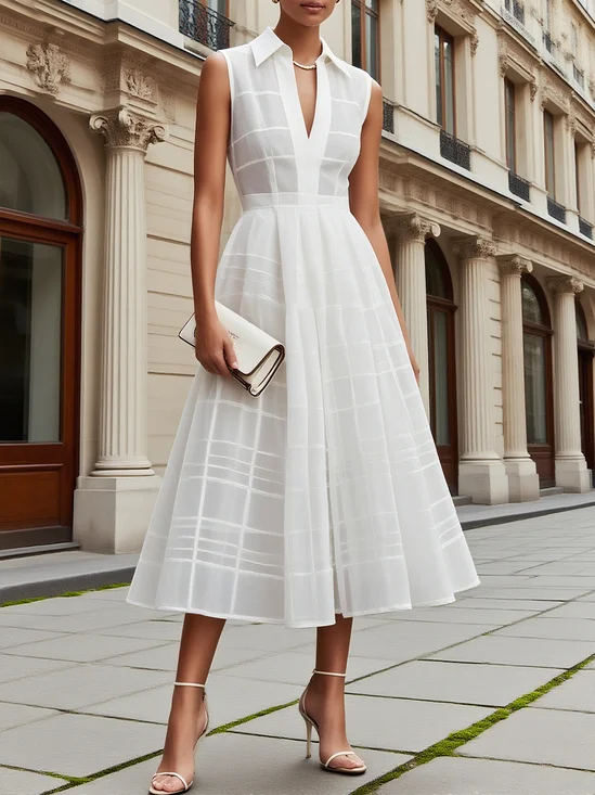 White Shirt Dress Shirt Collar Sleeveless A-Line Midi Dress