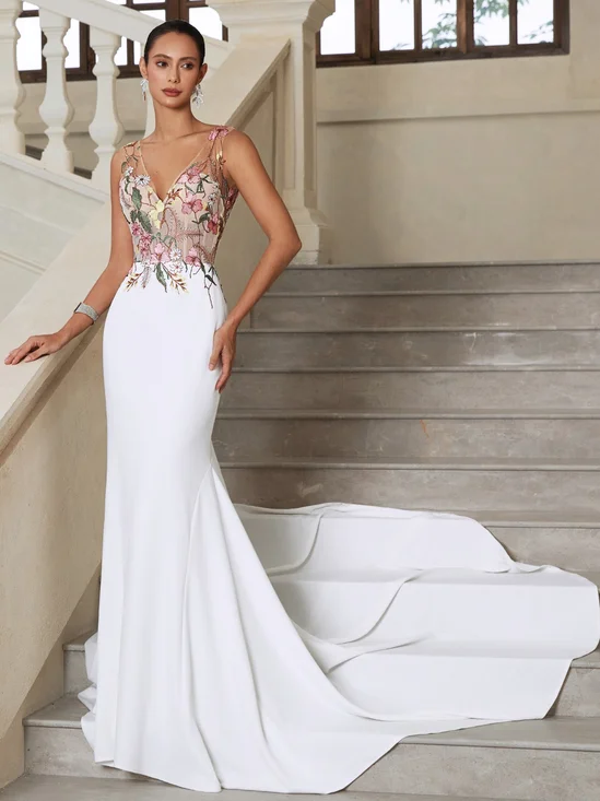 White Embroidery Floral Bridal/Wedding Dress V Neck Sleeveless Mermaid Gown Dress