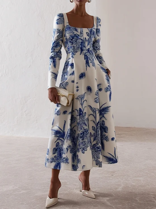 Blue Floral Classic Square Neck Long Sleeve A-Line Midi Dress